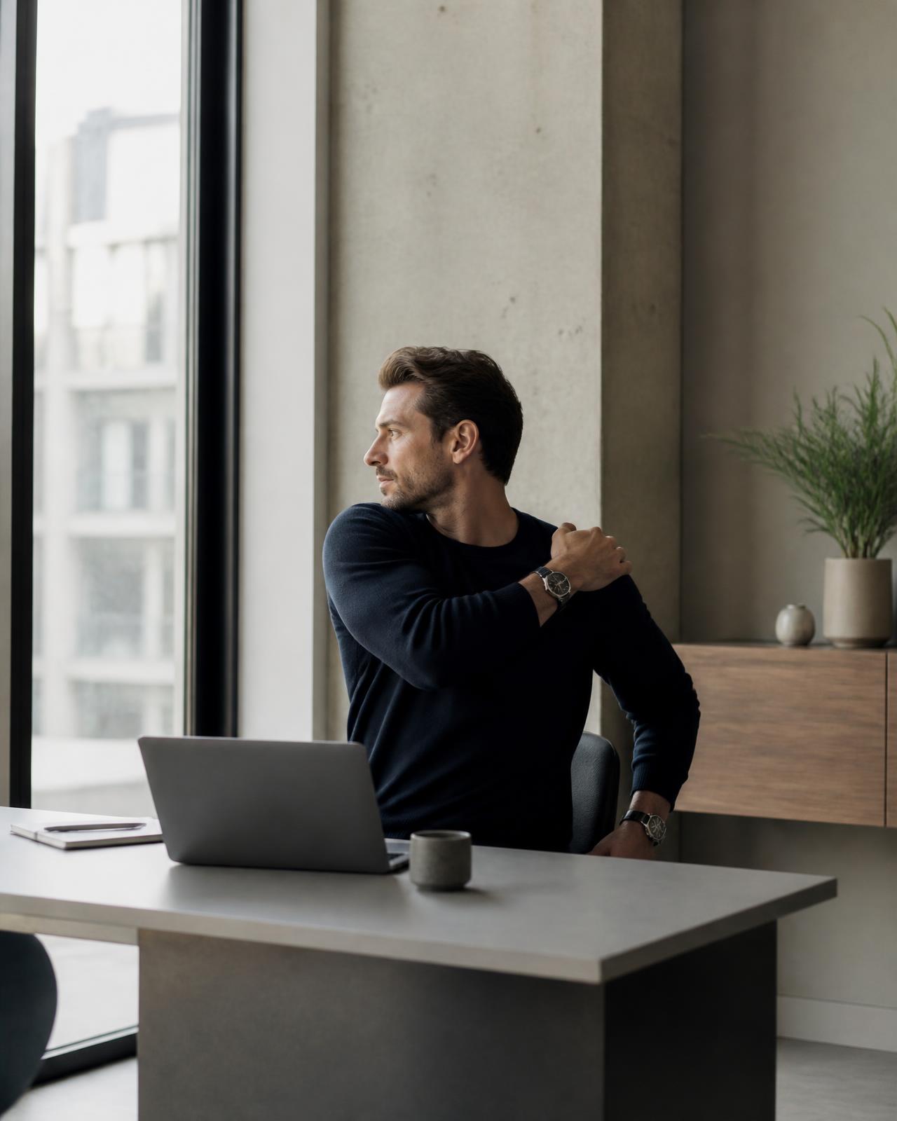 Desk-based professional turning and moving his shoulder beside a laptop